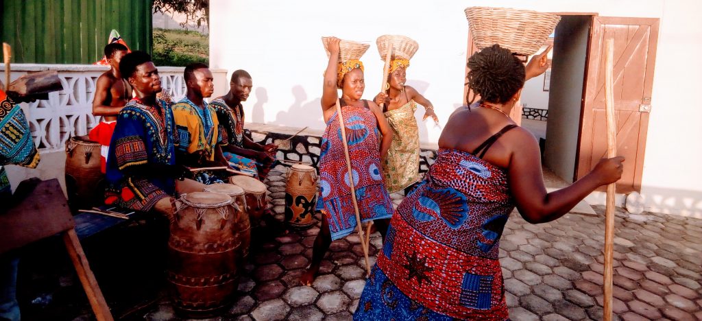 Tsirkormpam dance group doing a cultural performance at Kakum